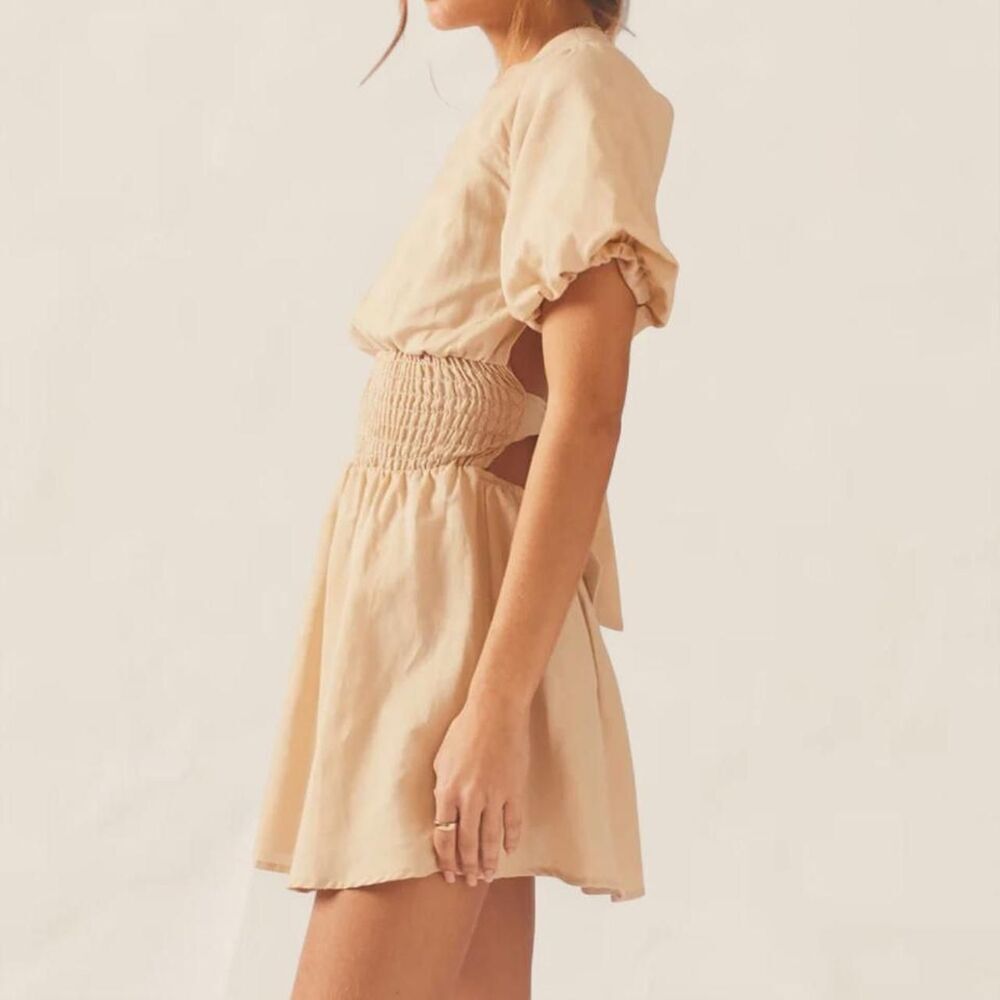 Peppermayo tan Lani Linen open back Mini Dress | babydoll size 2 - Picture 4 of 8